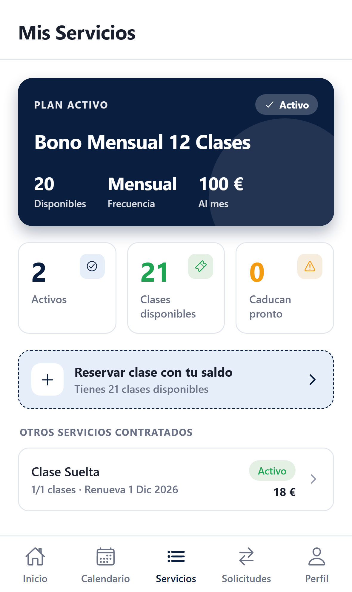 Servicios contratados en la app